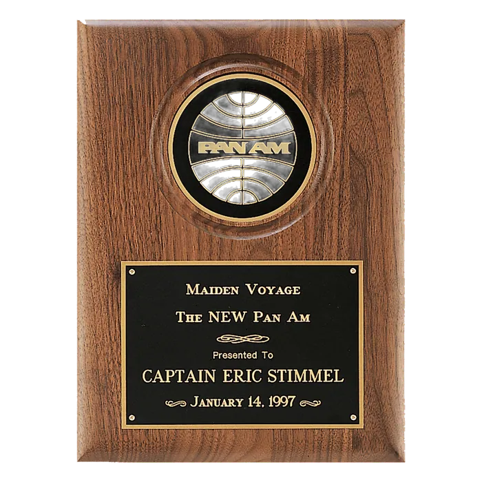 American Walnut Plaque with 4" Diameter Black Disc and Black Brass Plate