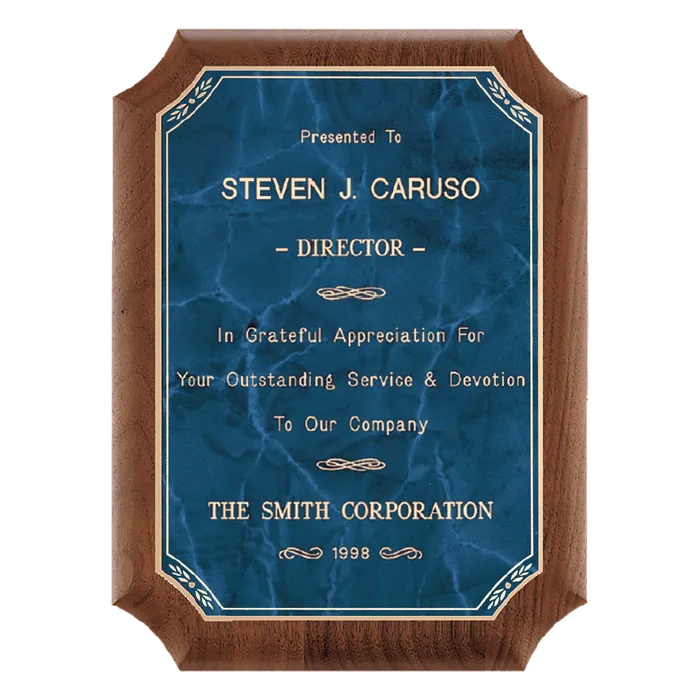American Walnut Plaque with Sapphire Marble Plate, 8" x 10 1/2"
