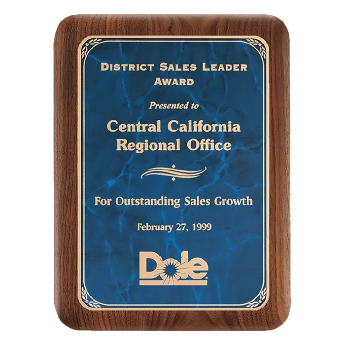 American Walnut Plaque with Sapphire Marble Plate, 7" x 9", Style P3486