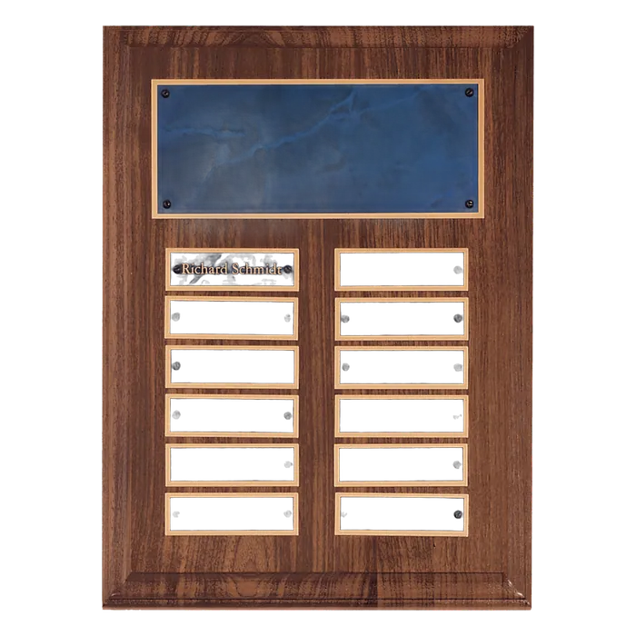 Solid Walnut Plaque-12 Sapphire Marble Plates 7/8" x 2 3/4" (Perpetual Series)