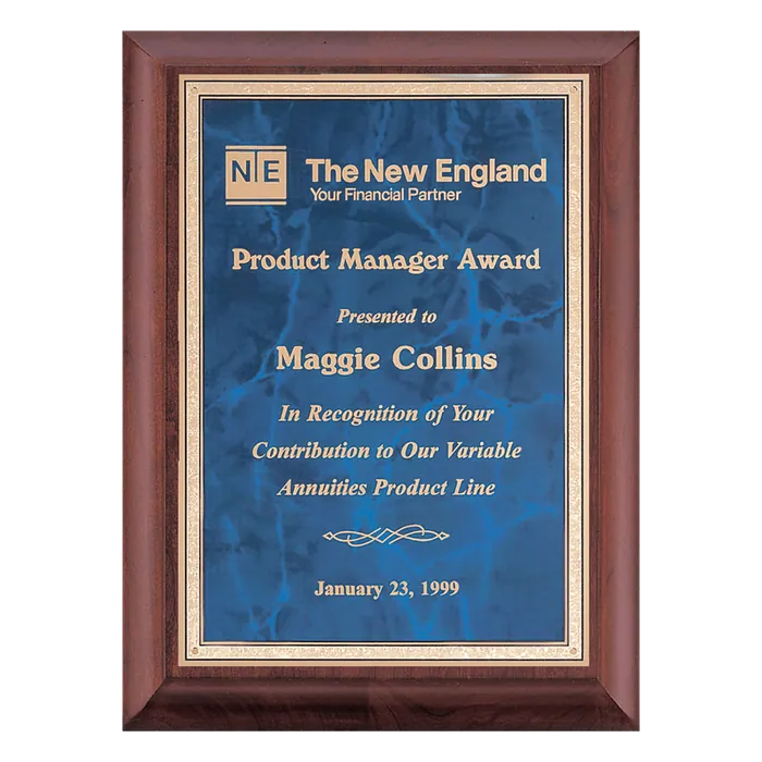 Cherry Finish Plaque with Sapphire Marble Plate, 8" x 10"