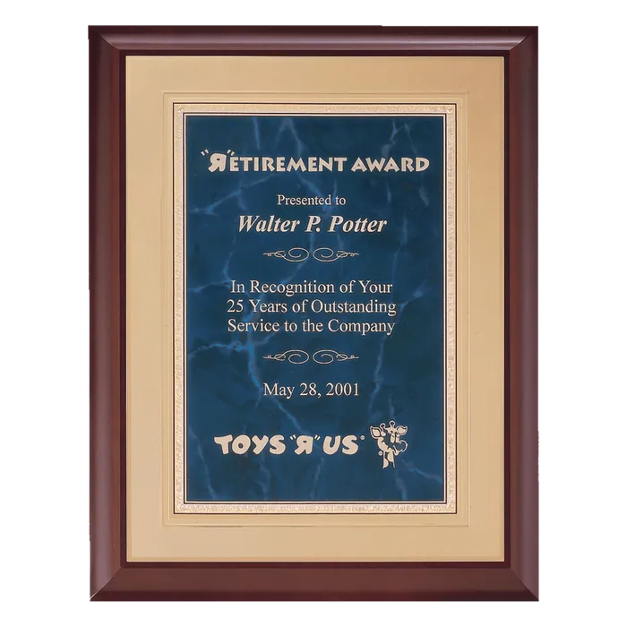 Cherry Finish Plaque with Sapphire Marble Plate on a Gold Embossed Back Plate