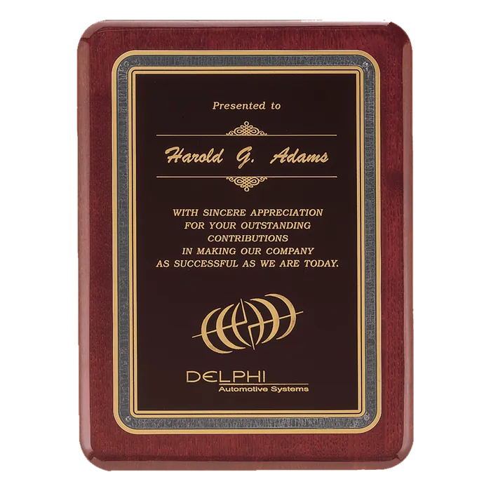 Rosewood Piano Finish Plaques with Black Florentine Designer LaserFX Plates, 8" x 10 1/2"