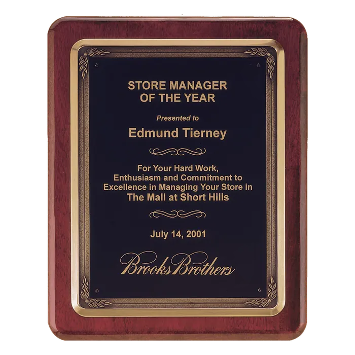 Rosewood Piano Finish Plaque w/Bronze Finish Cast Frame and Black Brass Plate