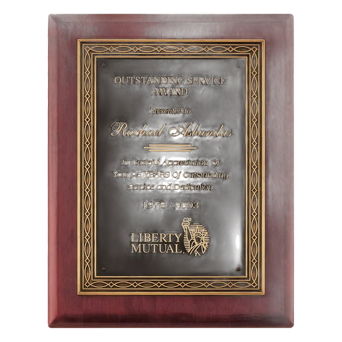 Rosewood Piano Finish Plaque w/Antique Bronze Cast Frame and Black Brass Plate