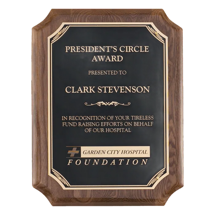 Walnut Piano Finish Plaque with Black Florentine Border Plate, 7" x 9"