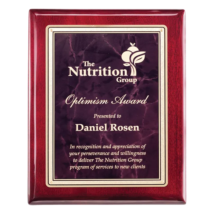 Rosewood Piano Finish Plaques with Ruby Marble Florentine Design Plate, 9" x 12"