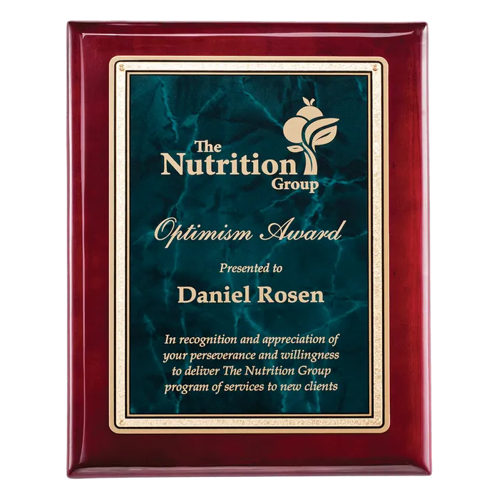 Rosewood Piano Finish Plaques with Emerald Marble Florentine Design Plate, 9" x 12"