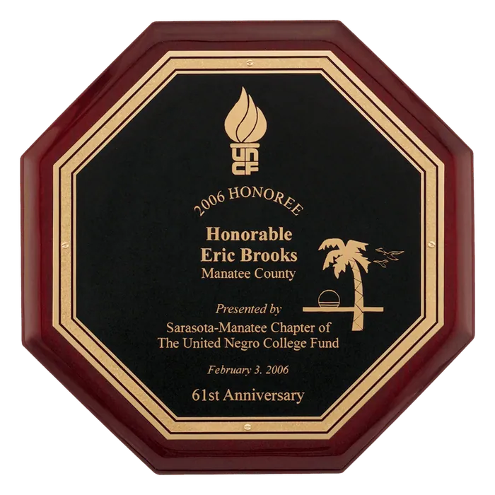 Rosewood Piano Finish Octagon Plaque with Black Florentine Plate