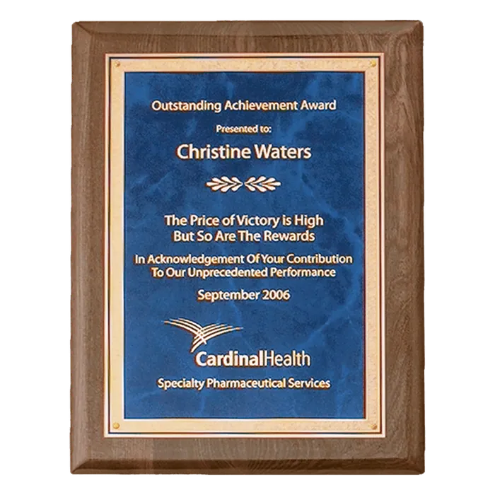 Walnut Piano Finish Plaque with Sapphire Marble Florentine Border Plate, 7" x 9"
