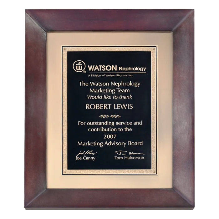 Cherry Finish Frame Plaque/w Black Florentine Plate on Brushed Gold Metal Back
