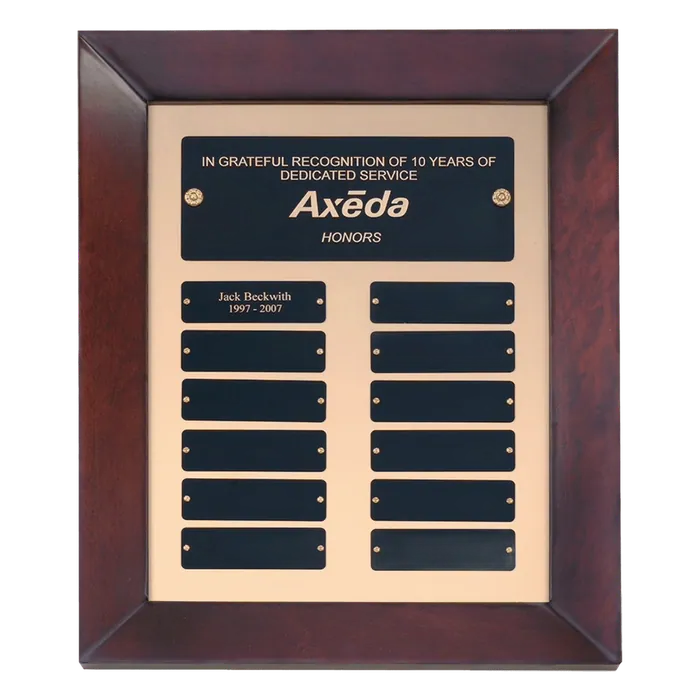 Cherry Finish Perpetual Plaque with 12 Black Plates on a Brushed Gold Metal Back