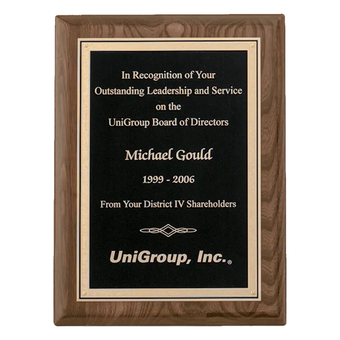 Walnut Piano Finish Plaque with Black Textured Florentine Border Plate, 9" x 12"