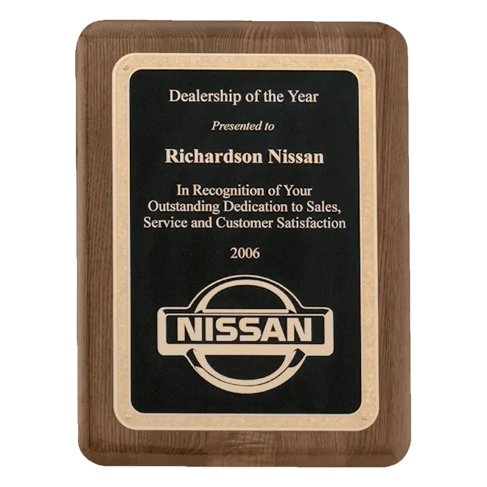 Walnut Piano Finish Plaque with Black Textured Florentine Border Plate, 9" x 12", Style P4307