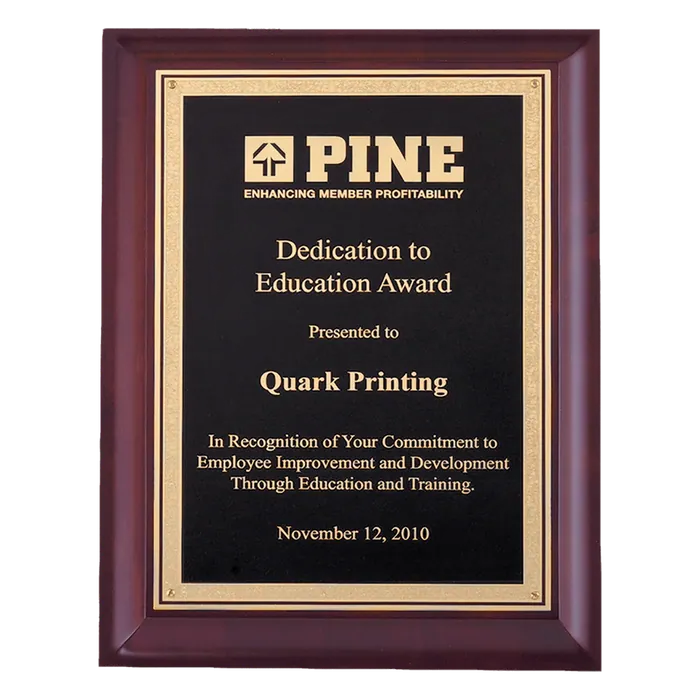 Cherry Finish Plaque with Black and Gold Florentine Plate, 9" x 12"