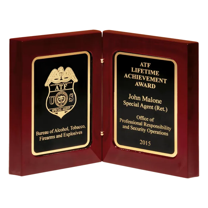 High Gloss Rosewood Finish Book Award with Black Gold Border Plates