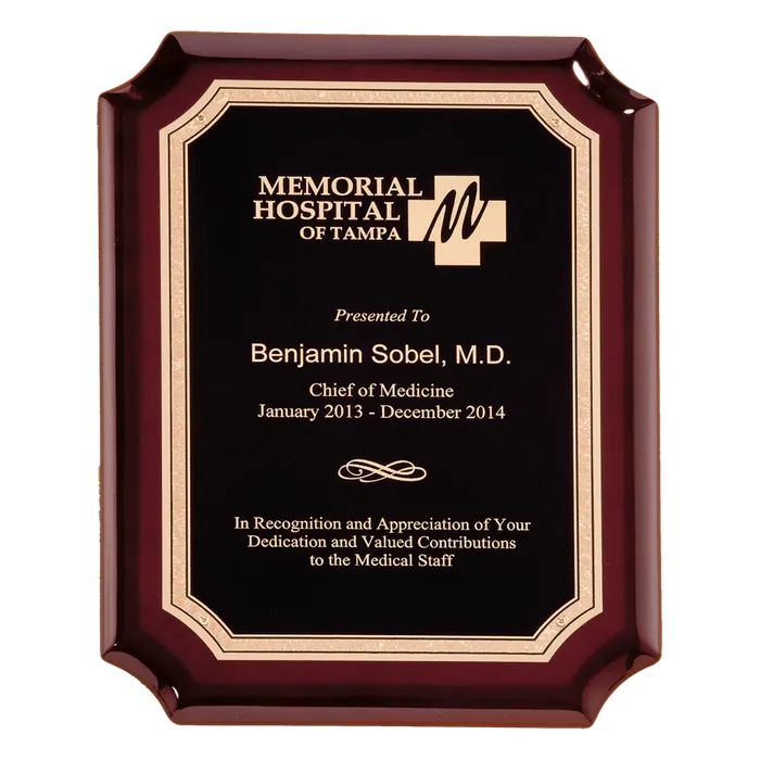 High Gloss Rosewood Plaque with Gold Florentine Border Black LaserFX Plate, 7" x 9"