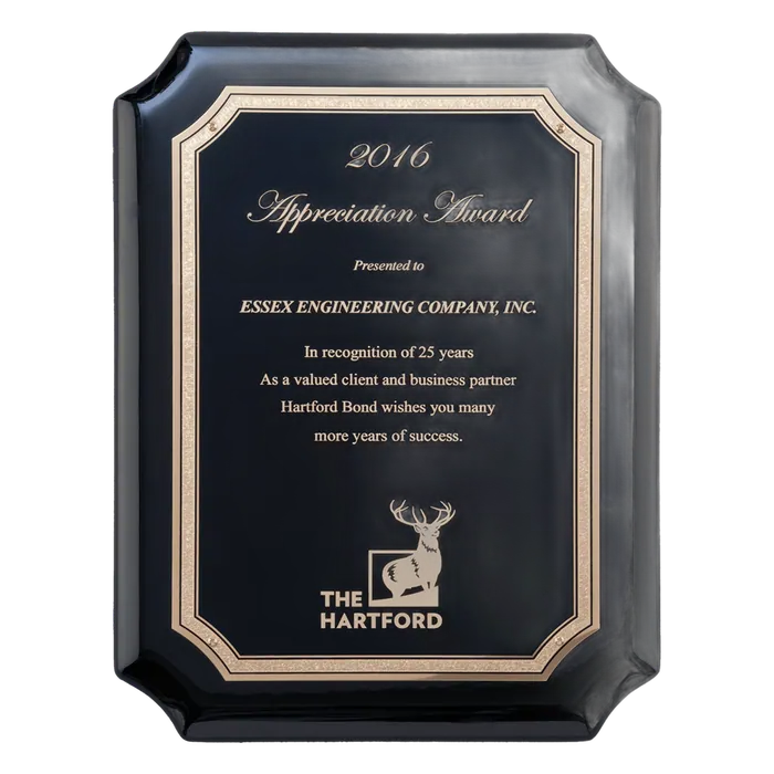 High Gloss Black Plaque with Gold Florentine Border Black LaserFX Plate, 8" x 10 1/2"