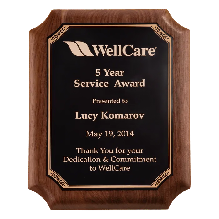 American Walnut Plaque with Gold Border Black Brass Plate, 11" x 15", Style P5144