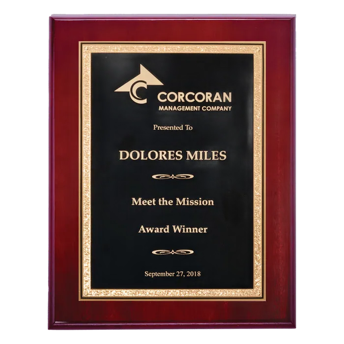 Black with Gold Florentine Border LaserFX Plate on Rosewood High Lustr Plaque, 9" x 12"