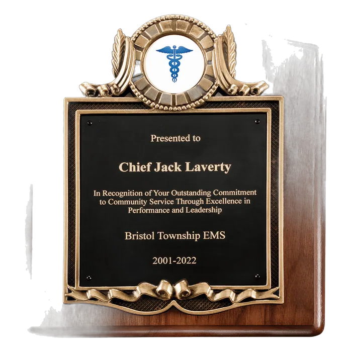 Walnut Plaque w/Gold Frame, Black Plate, 2" Insert Holder (insert not included), 10" x 12"