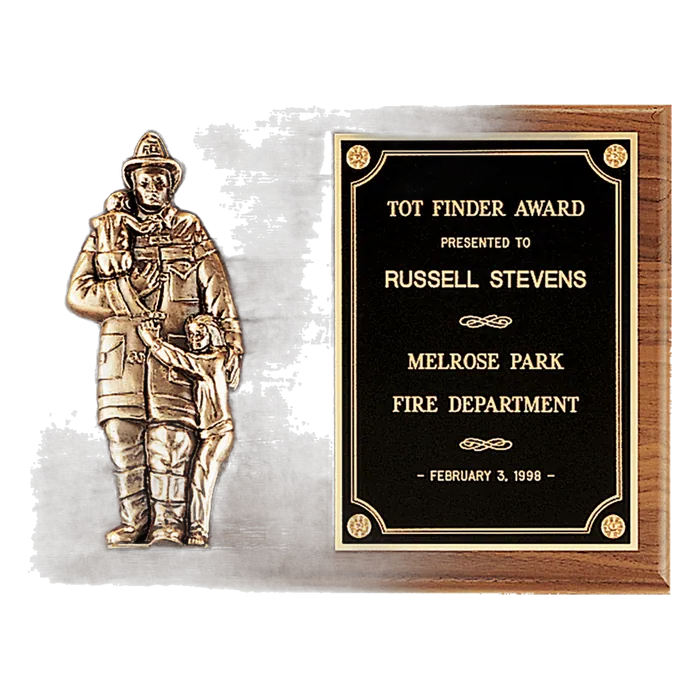 American Walnut Plaque with Firefighter Relief and Black Brass Plate, 9" x 12"