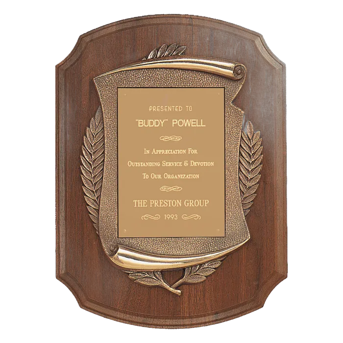 American Walnut Notch Corner Plaque w/Antique Bronze Scroll, Brushed Brass Plate
