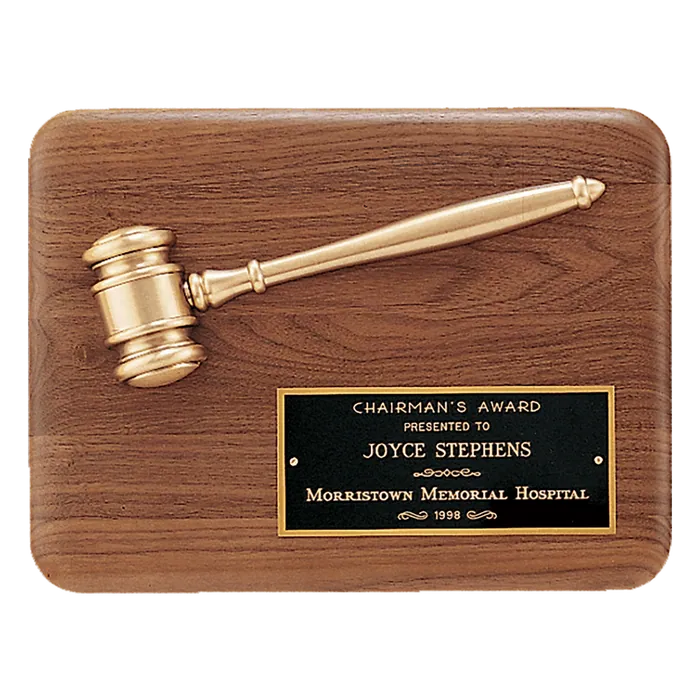 Walnut Plaque with Antique Bronze Metal Gavel