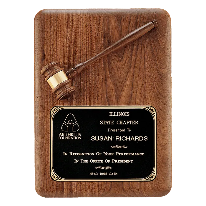 Walnut Plaque with Walnut Gavel and Black Brass Plate, 11" x 15"