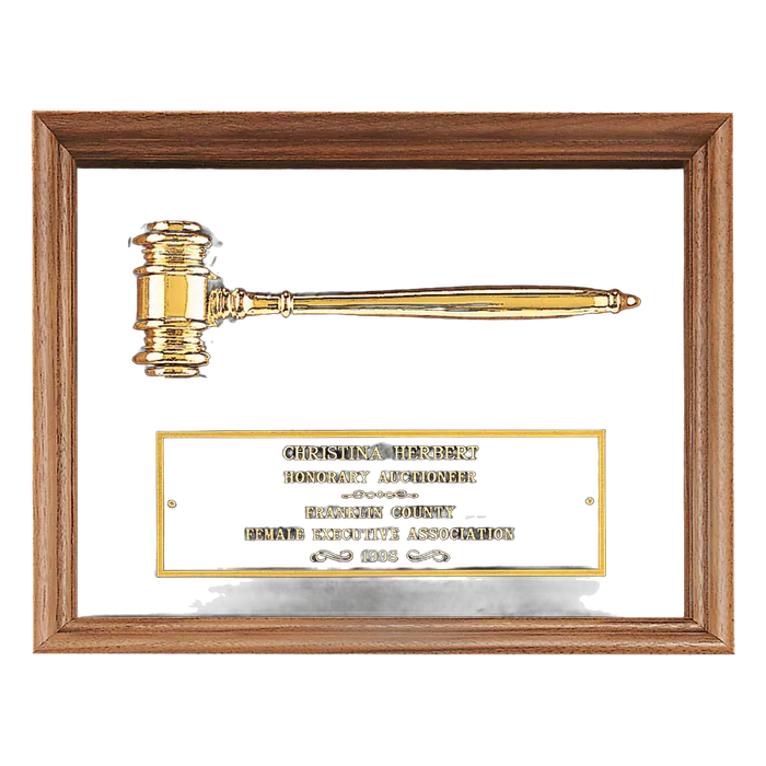 Walnut Frame Plaque w/Gold Electroplated Gavel, Black Velour Back, Black Plate, 10" x 13"