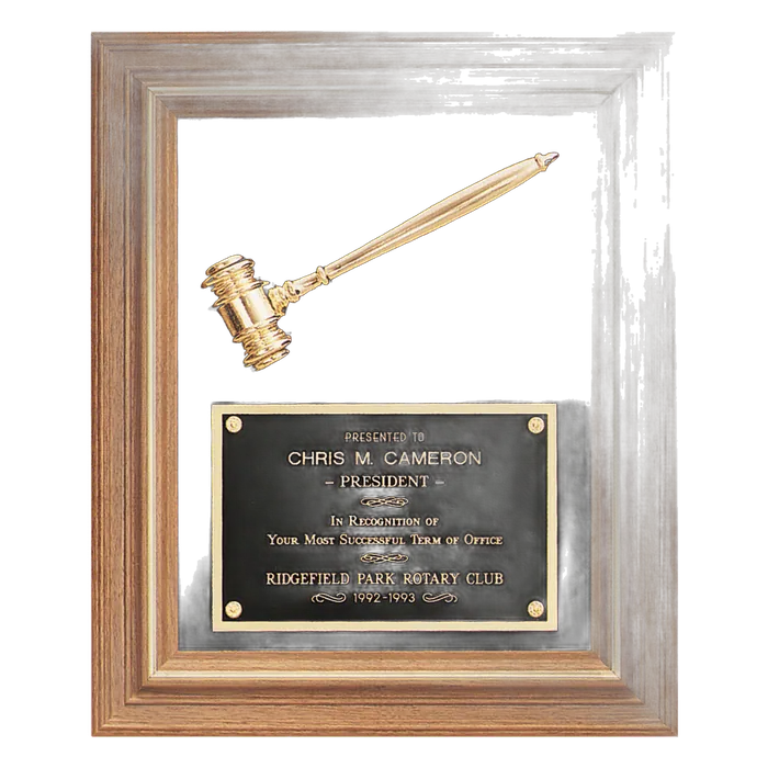 Walnut Frame Plaque w/Gold Electroplated Gavel, Black Velour Back, Black Plate, 15" x 18"