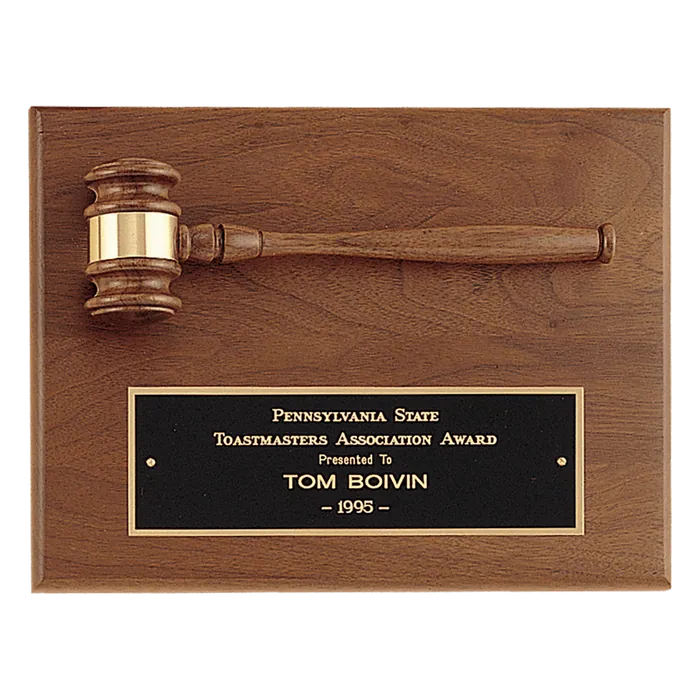 Walnut Plaque with Walnut Gavel and Black Brass Plate, 9" x 12"