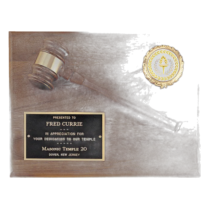 Walnut Plaque w/Walnut Gavel, 2" Insert Holder, Black Brass Plate (insert extra)