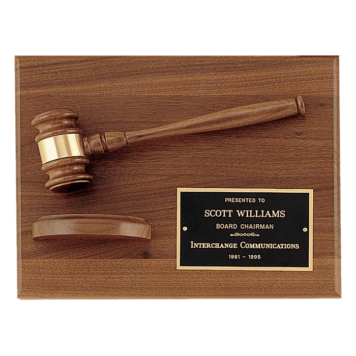Walnut Plaque and Gavel with Half Sounding Block and Black Brass Plate