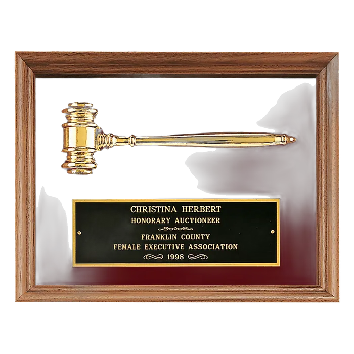 Walnut Frame Plaque w/Gold Electroplated Gavel, Maroon Velour Back, Black Plate, 10" x 13"