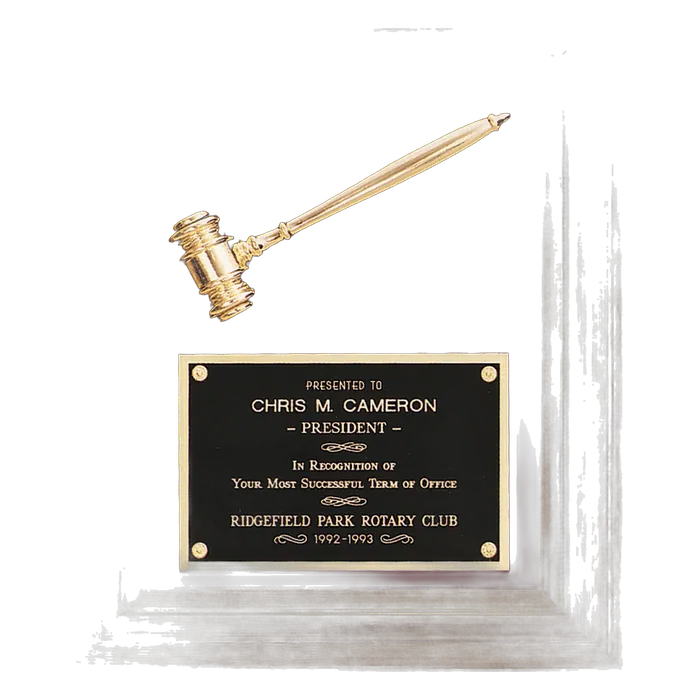 Walnut Frame Plaque w/Gold Electroplated Gavel, Maroon Velour Back, Black Plate, 15" x 18"