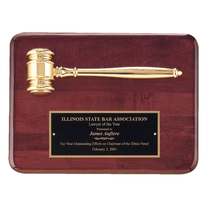 Rosewood Piano Finish Plaque with Gold Electroplated Metal Gavel/Black Plate