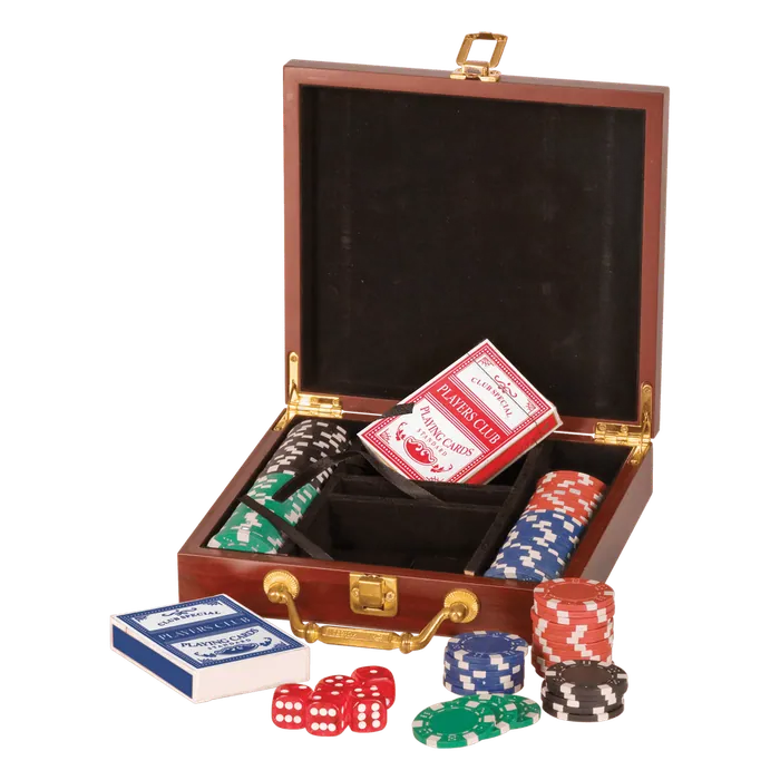 Rosewood Finish Poker Gift Set with 100 Chips, 2 Decks of Cards & 5 Dice