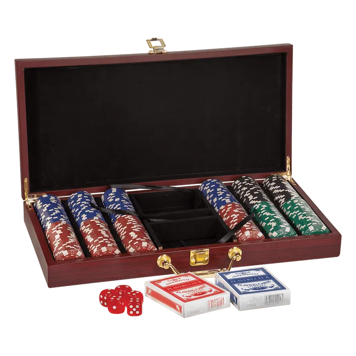 Rosewood Finish Poker Gift Set with 300 Chips, 2 Decks of Cards & 5 Dice