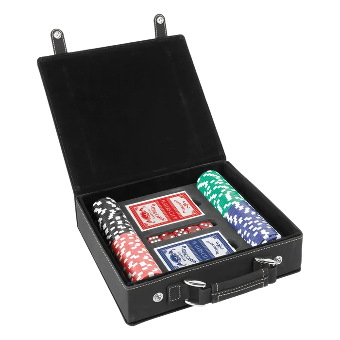 Black & Gold Leatherette Poker Set with 100 Chips, 2 Decks of Card & 5 Dice
