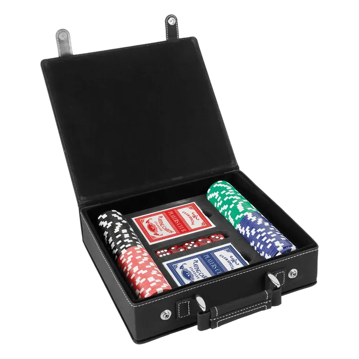 Black/Silver Leatherette Poker Set with 100 Chips, 2 Decks of Card & 5 Dice