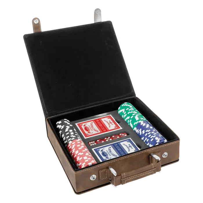 Rustic/Gold Leatherette Poker Set with 100 Chips, 2 Decks of Card & 5 Dice