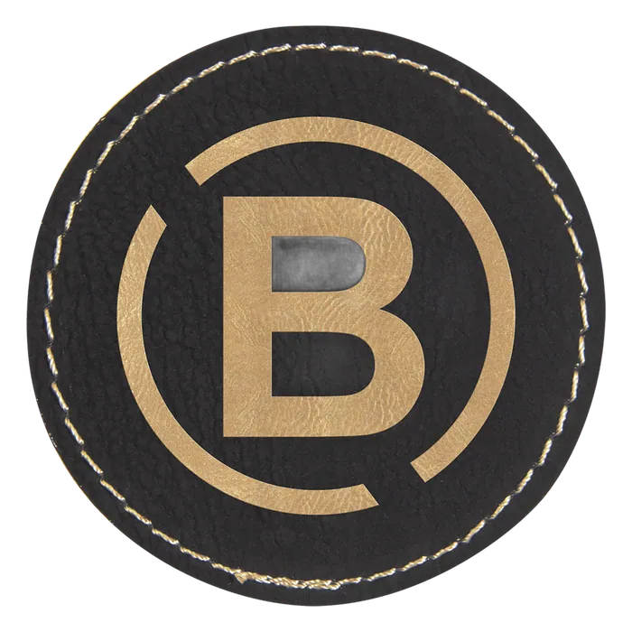 Black/Gold Laserable Leatherette Round Patch with Kota Pro Adhesive, Style PTH356