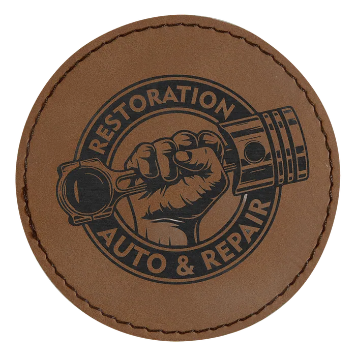 Round Dark Brown Laserable Leatherette Patch with Adhesive, 3" round