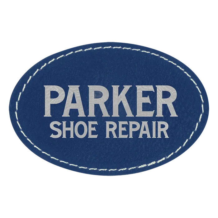 Blue/Silver Laserable Leatherette Oval Patch with Kota Pro Adhesive, Style PTH559