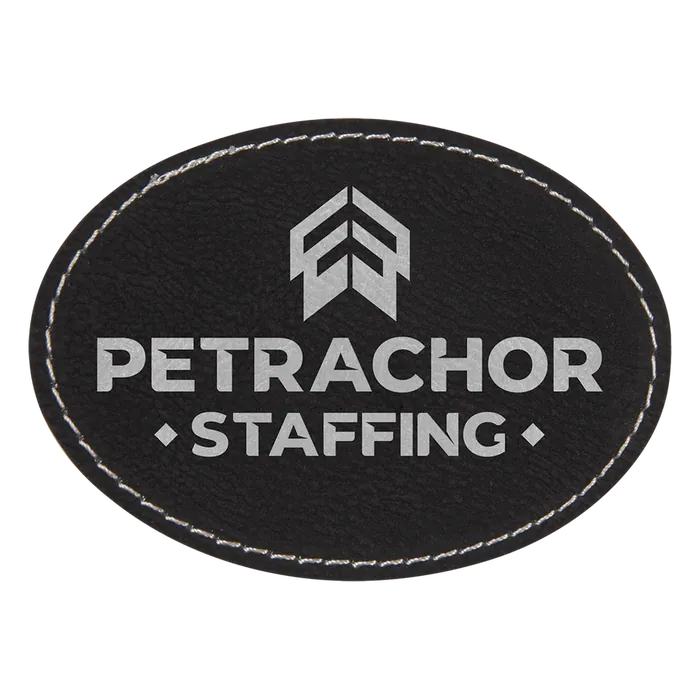 Black/Silver Laserable Leatherette Oval Patch with Kota Pro Adhesive, Style PTH653