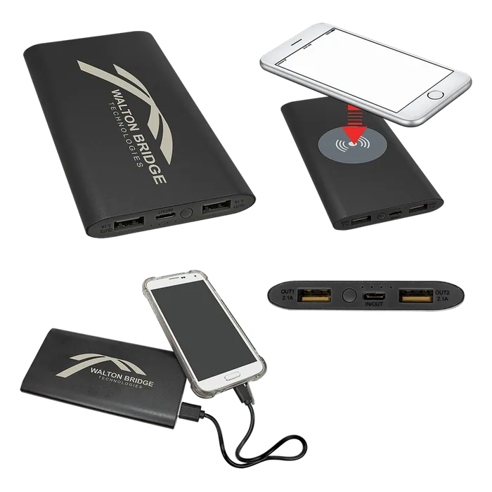 Black 8000MAH Power Bank & Wireless Anodized Aluminum Charger with USB-C Cord
