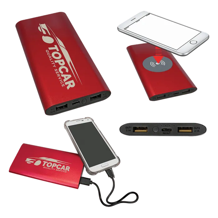Red 8000MAH Power Bank & Wireless Anodized Aluminum Charger with USB-C Cord