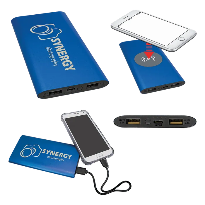 Blue 8000MAH Power Bank & Wireless Anodized Aluminum Charger with USB-C Cord