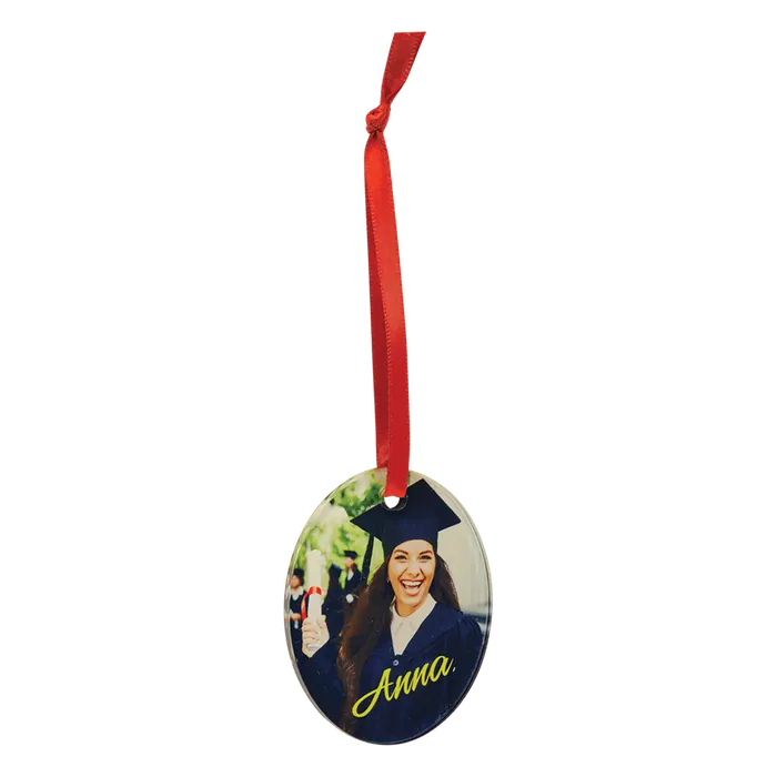 Oval Acrylic Full Color Ornament with Red Ribbon